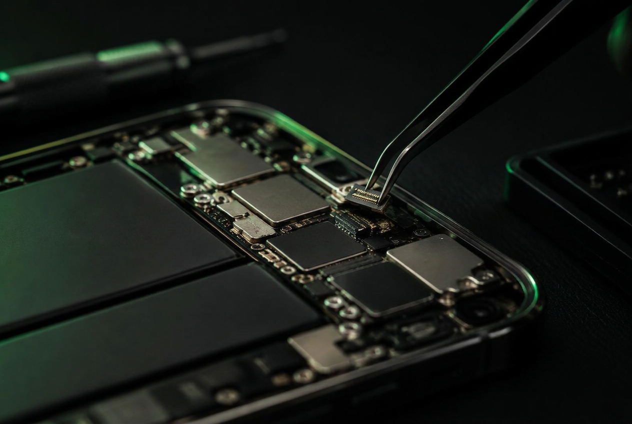 Pinzas de precisión retirando un conector de una placa de smartphone